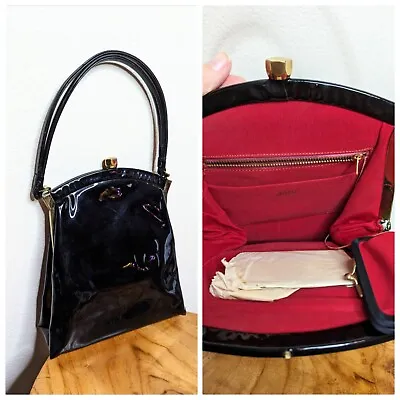 Vintage 1950s Black Glossy Patent Leather Purse JANA Top Handle Handbag 40s/50s • $34.88