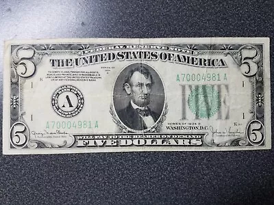 1934D Depression Era $5.00 Federal Reserve Bank Note Of Boston Mass. • $7.99