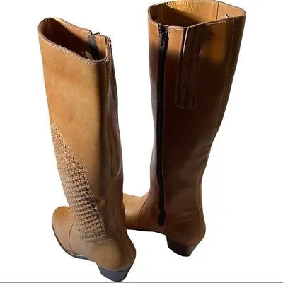 Nine 9 West Jill Tan Knee High Leather Full-Zip Basket Weave Riding Boots Sz 6B • $48.88