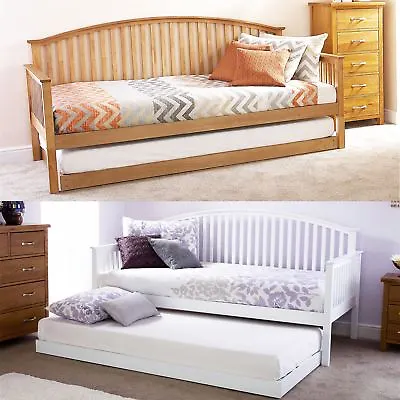 Madrid Wooden 3ft Single Day Bed Frame & Trundle Guest Bedstead Oak & White • £142.99