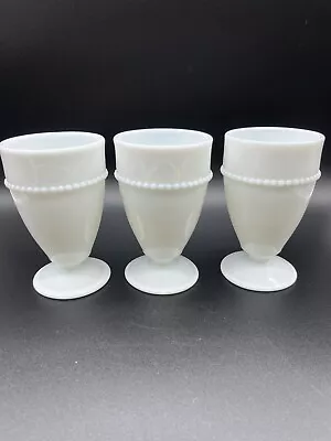 Set Of 3 - Westmoreland Beaded Edge Milk Glass Footed Tumblers Goblets Nice Cond • $29.99