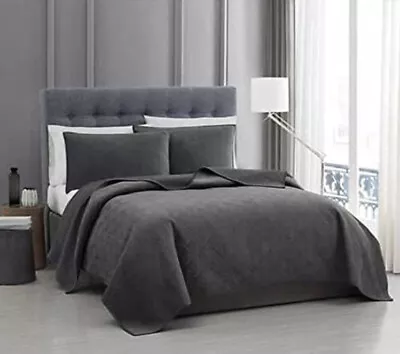 3 Piece FUTURE SOFT Velvet Quilt Set QUEEN GRAY GREY Bedding 92x96  Shams NEW • $64.79