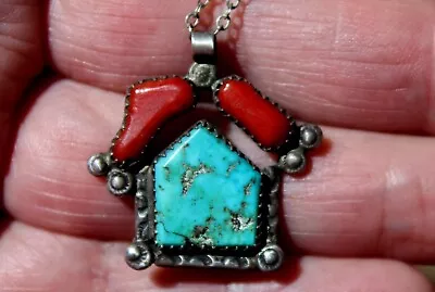 Small Old Pawn Navajo Handmade Sterling Silver & Turquoise & Coral Necklace • $68