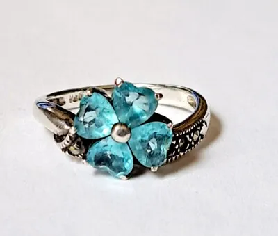 Sterling Silver Quatrefoil Auqua Blue Stone Marcasite Ring • $18