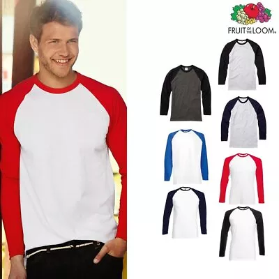 Men's Long Sleeve Baseball Tee - Fruit Of The Loom T-shirt Raglan Top • £8.39