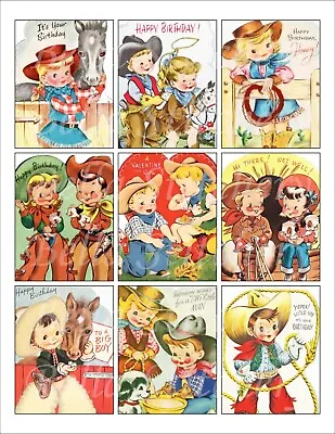 Set Of 9 Vintage Retro 1950's Cowgirl & Cowboy Greetings Cotton FABRIC Panels • $14.80