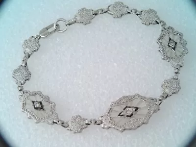 Vintage Art Deco 10k White Gold Filigree Diamond Enamel Camphor Glass Bracelet • $475