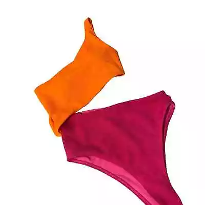 Pink Orange One Shoulder Color Block Monokini One Piece Swim Sz L NWOT • $50