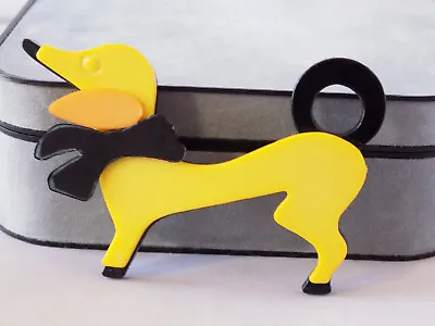 Vintage Yellow Weiner Dog Brooch Pin Dachshund Layered Plastic Mod • £28.90