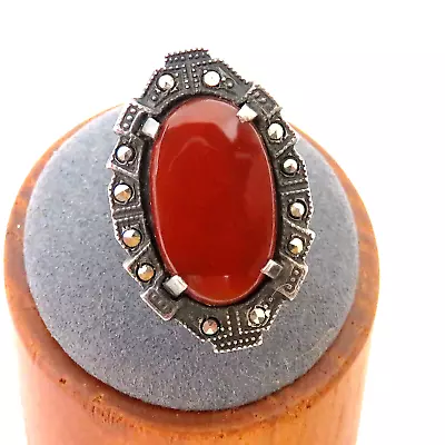 $49.95 • Buy STERLING SILVER MARCASITE CARNELIAN Gemstone Art Deco Ring 5.25