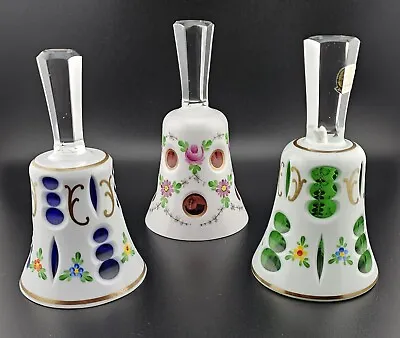 Moser Bohemian Czech Glass Bell Set Cased White Overlay Cut To Green Pink Blue • $39