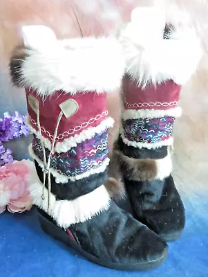 VINTAGE Tecnica BOOTS After SKI  Snow GOAT FUR Native Print SUEDE Italy 9/39.5 • $164.95