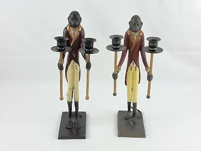 Pair Of Vintage Brass Bronze Butler Monkey Candle Holders India • $178.71