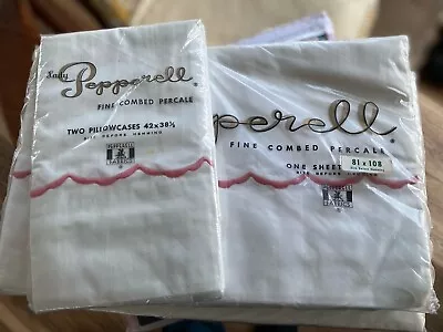 Vtg Lady Pepperell Pink Embroidered Percale 2 Flat Full Sheet 2 Pillowcases Nice • $48