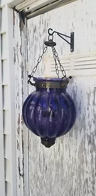 Vintage Amethyst Hanging Lantern Crackle Glass Moroccan Candle Holder Lamp 15x7  • $65