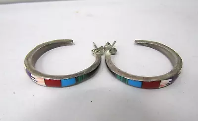 VINTAGE Mexico Sterling Silver Multi Stone Inlay Hoop 1 3/8  Earrings- 6.28g • $30