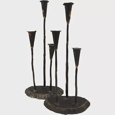 PRIMITIVE Triple Candlestick Holder Pair - 11  Tall Dark Brown Gray Rustic Metal • $42.48