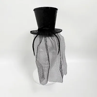 BLACK MINI TOP HAT WITH NET GLITTER FASCINATOR FANCY DRESS ACCESSORY Halloween • $10.50