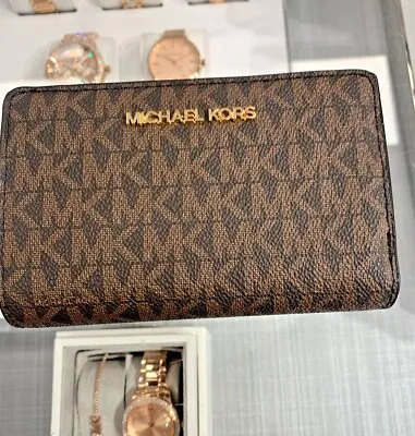 Michael Kors Jet Set Travel Medium Women Leather Bifold Zip Coin Wallet Luggage • $69