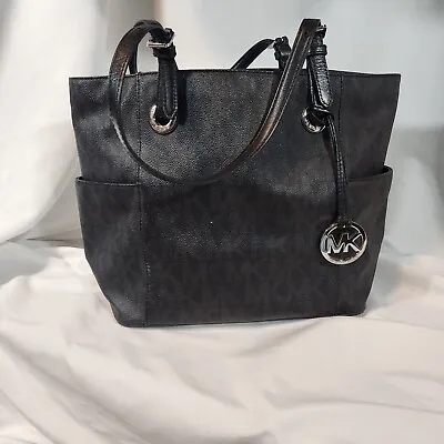 Michael Kors Signature Jet Set Black Leather Zip Top Tote Shoulder Handbag • $58