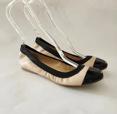 J Crew Mila Size 7.5 Cream Tan Black Flats Leather Cap Toe Ballet  New Flaw  • $49.98