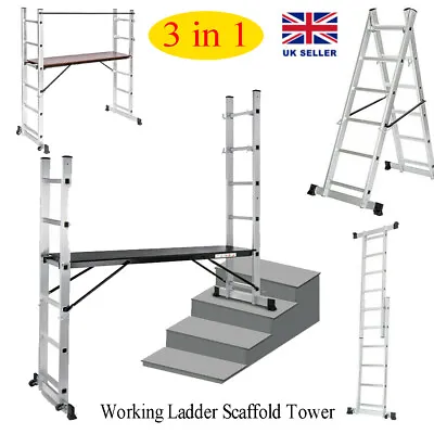 3 IN 1 Aluminium Scaffolding Ladder Work Multi-purpose Step 2.71m Work Platform • £121.97