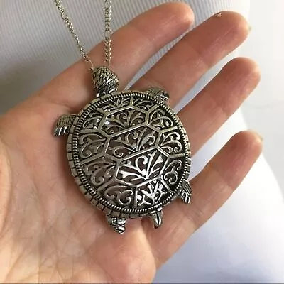 Turtle Necklace Magnifying Glass 30 Inch Silver Tone Baby Sea Creature Beach • $21