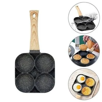 4 Hole Egg Pan Burger Ham Pancake Maker Wooden Handle Frying Grill Non-stick • £10.49