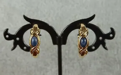 Vintage 1990 Avon Blue Iris Oval Cab In Raised Braid Hoop Pierced Earrings • $11