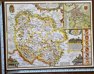 Old Tudor Poster Map Of Herefordshire: Speed 1600's 15  X 12 Reprint Antique • £9.99