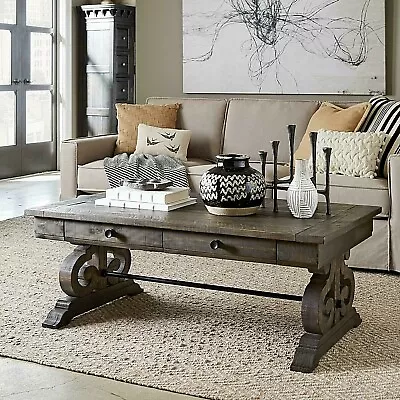 Rustic Distressed Pine Wood Coffee Table 2 Drawers Curved Scrolled Trestle Base • $1049.60