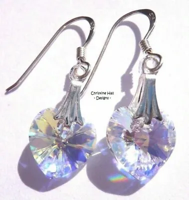 £10.99 • Buy 55 Colours - Sterling Silver Swarovski Elements Crystal Heart Hook Earrings +Box