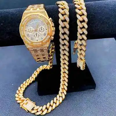 Watch Luxury Lab Diamond & Iced Cuban Chain Necklace & Hip Hop Bracelet Gift Set • $13.99