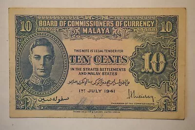 Banknote  Malaya 1941 Ten Cents   **nice Note ** Free Shipping 0628 • $18