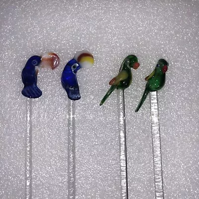 Lot Of 4 Handblown Glass Tropical Bird Parrots Colorful Swizzle Sticks 8” • $18.95