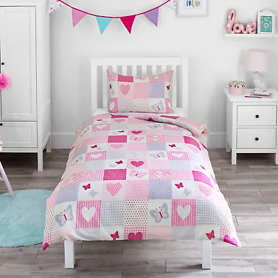 Hearts Toddler Duvet Bedding Set Butterflies Patchwork Kids Cot Bed Cover Junior • £15.99