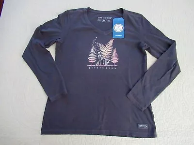 NWT Life Is Good Women Sz M Black V-Neck L Sleeve Crusher-Lite T-Shirt Fernscape • £27.51