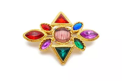 Vintage M Jent Brooch Pin Gold Tone Rhinestone Red Green Blue • $26.99