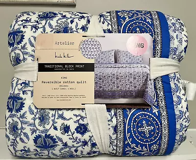 Artelier Nicole Miller Blue White Floral KING Traditional Block Reversible Quilt • $127.77