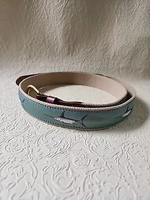 Leather Man Limited Marlin Fish Print Woven Fabric Belt 38 USA Brass BUCKLE • $14.80