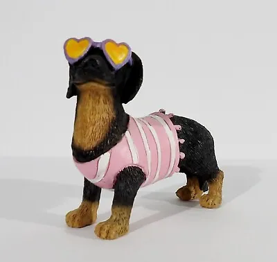 Dachshund Dog Figurine Resin Heart Sunglasses Pink & White Striped Shirt 4  Long • $9.99