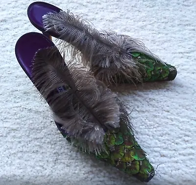 RARE Signed!! Manolo Blahnik Mules Purple Green Feathers Wearable Art! Used 37 • $2599.99