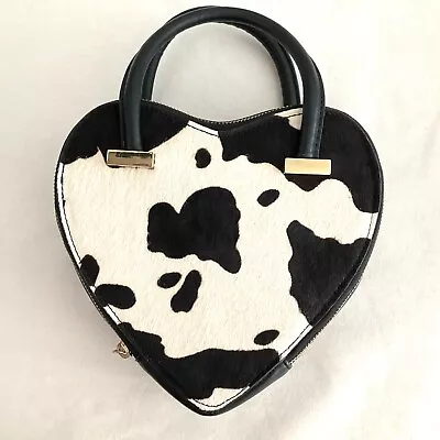 Topshop Black And White Cow Skin Faux Leather Heart Box Bag Cowgirl Festival • £36.99