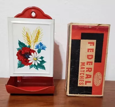 Vintage 1940s Metal Tin Enamelware Matchbox Stick Holder Red + Federal Matches • $37