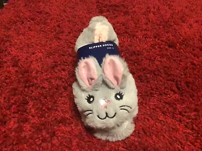 Basic Editions Girls' Furry Grey Pink Rabbit  Slipper Socks W/ Rubber Sole Sz.12 • $14.99