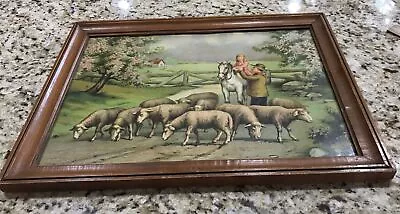 Vintage Farm Scene With Sheep Girl Man And Horse 14” X 18” Glass Framed Print • $42.50