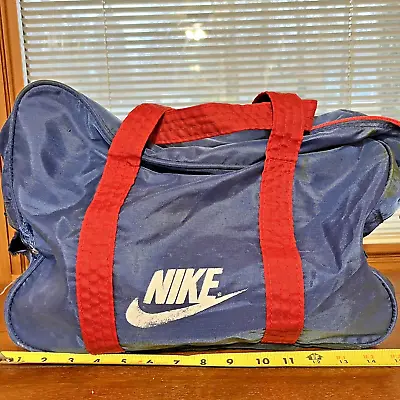 Vintage NIKE Gym Duffle Bag Pack With Zipper 1980s Era Blue & Red 16x12 FLAWS • $28.99