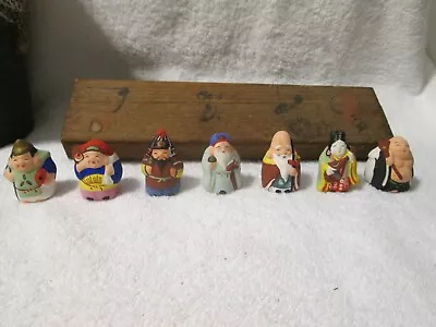 Vintage Japanese 7 Lucky Gods Hand Painted Clay Miniature Figures Circa 1940's • $125