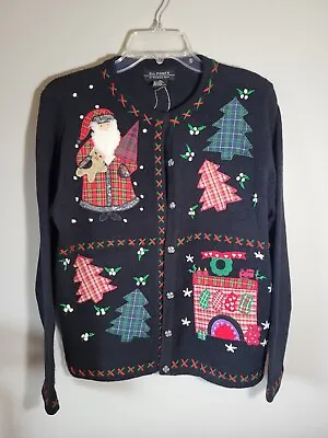 Vintage Holiday  Christmas Sweater Size Medium Embroidered Black Cardigan Snaps • $12