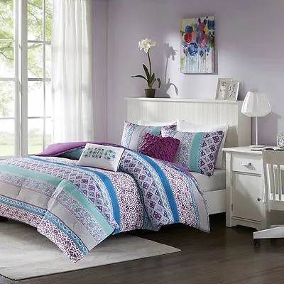 Beautiful Purple Teal Aqua Plum Blue Moroccan Global Bohemian Soft Comforter Set • $106.32